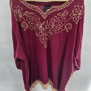 Mib Burgundy Oversized Embordered Lace 100% Cotton Shark Bite Hem Tunic Top